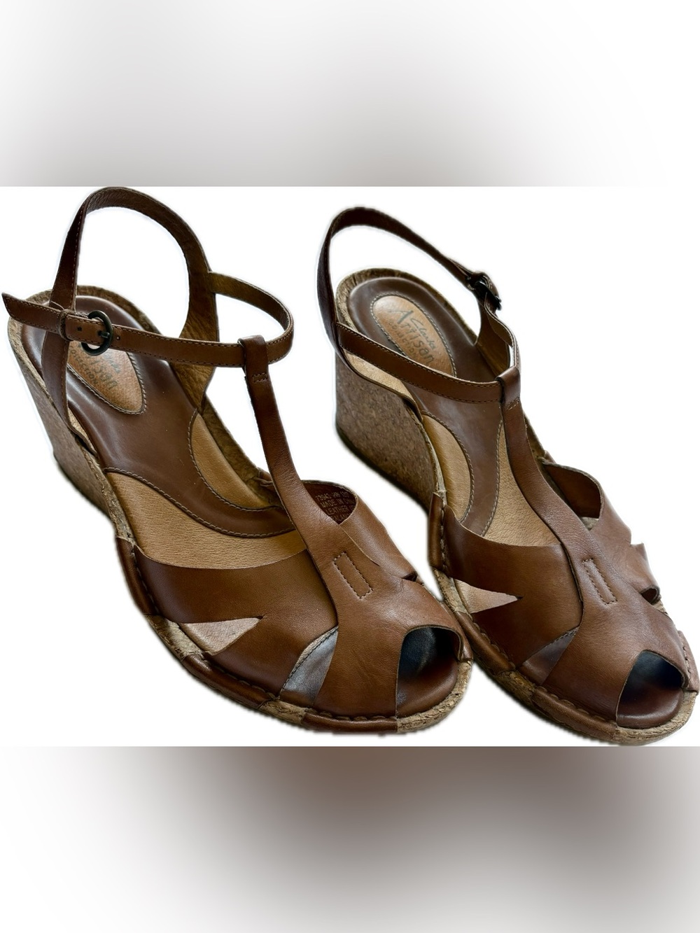 **Clarks Artisan Brown Leather T-Strap Cork Wedge Sandals**